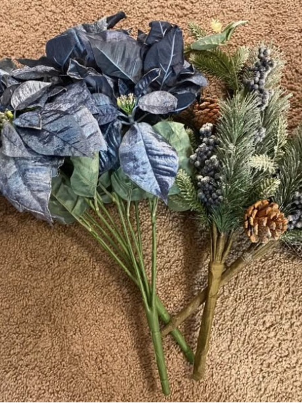Artificial Blue Poinsettia and Pine Stems 20”